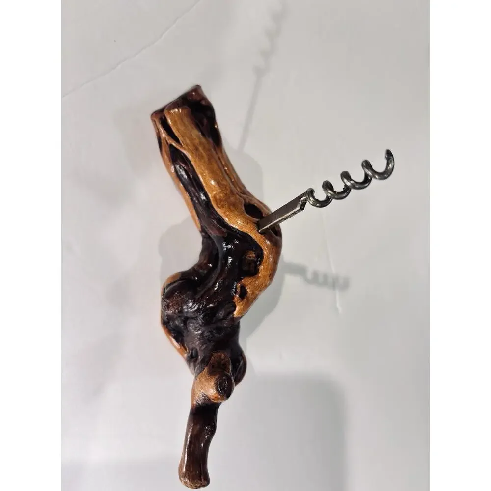 Vintage Handcrafted Grapevine Burl Wood Stationary Corkscrew Wine Opener